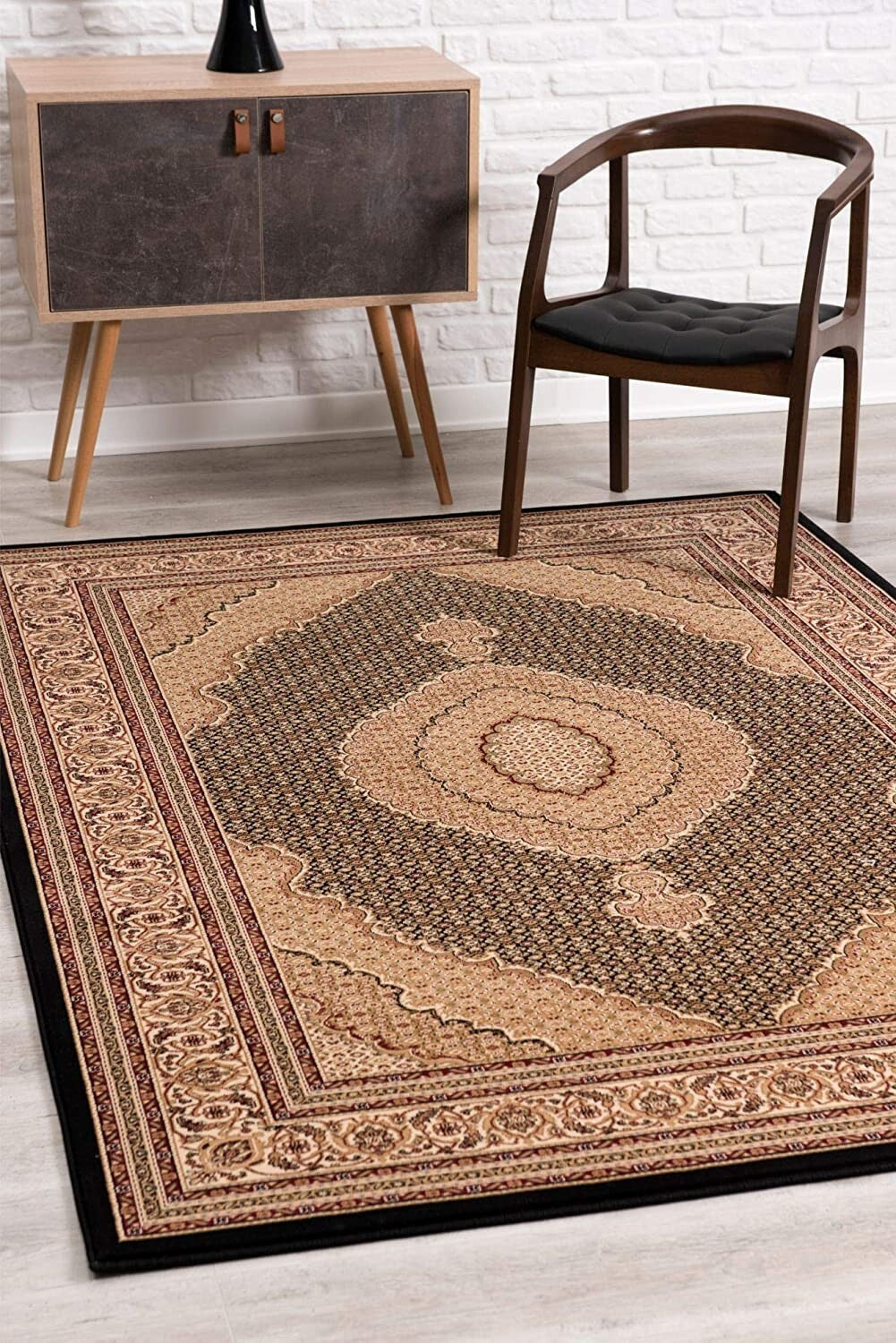 7' X 9' Beige and Black Medallion Power Loom Area Rug