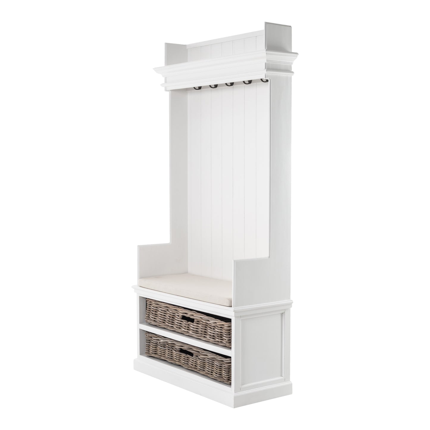 Classic White Entryway Coat Rack and Bench with Baskets