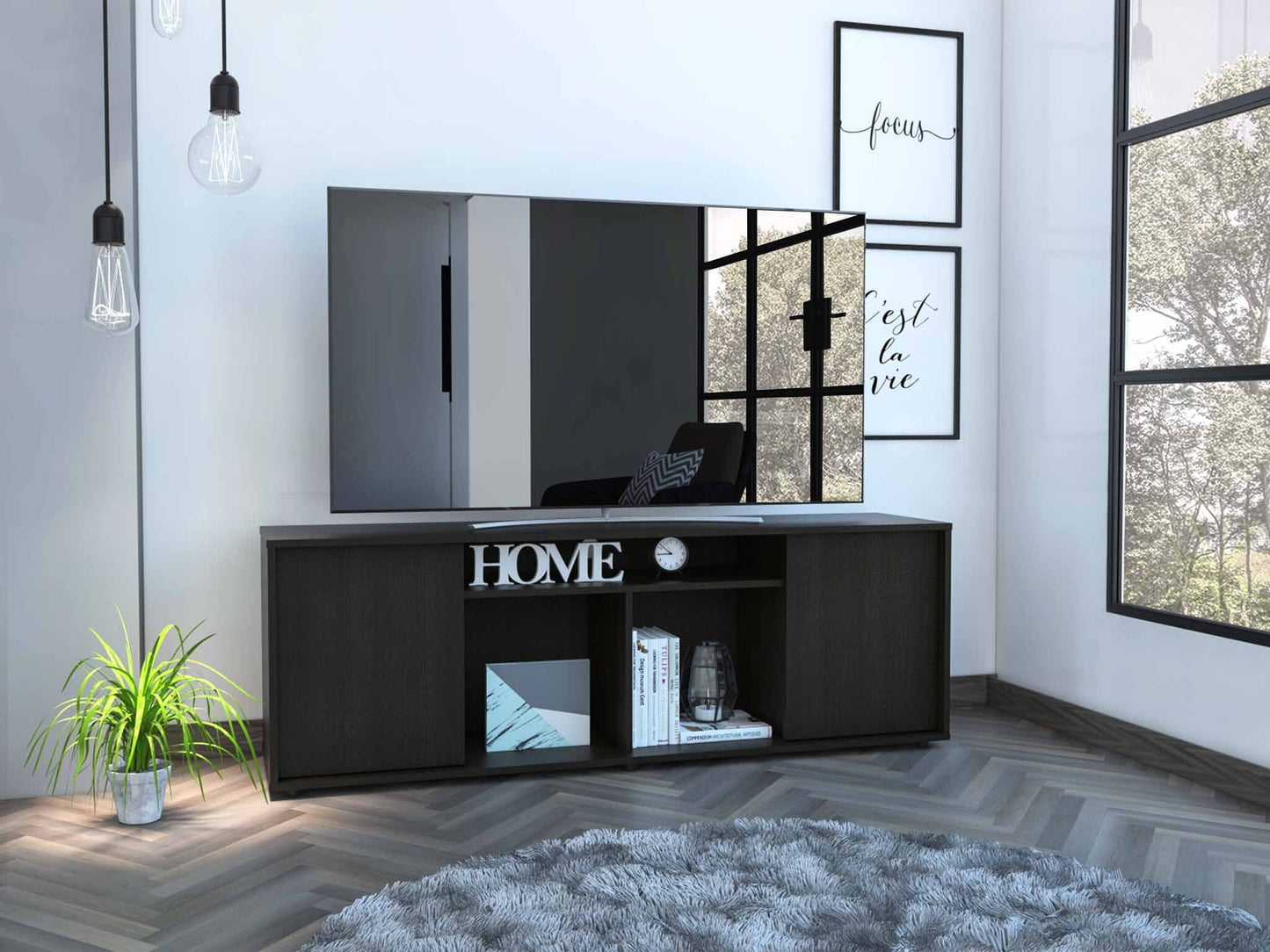 59" Black Open shelving TV Stand