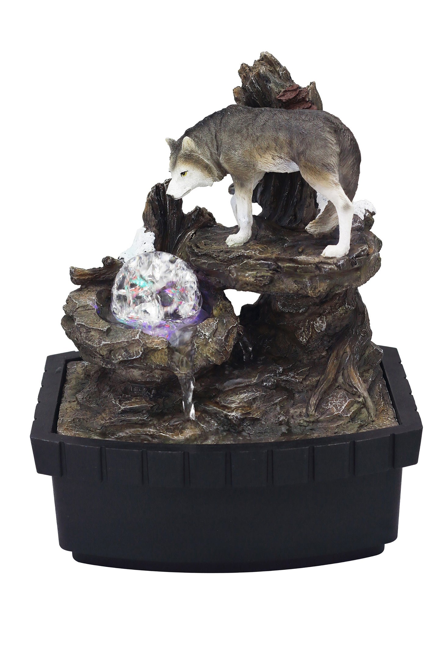 10" Black Polyresin Wolf Tabletop Fountain Sculpture