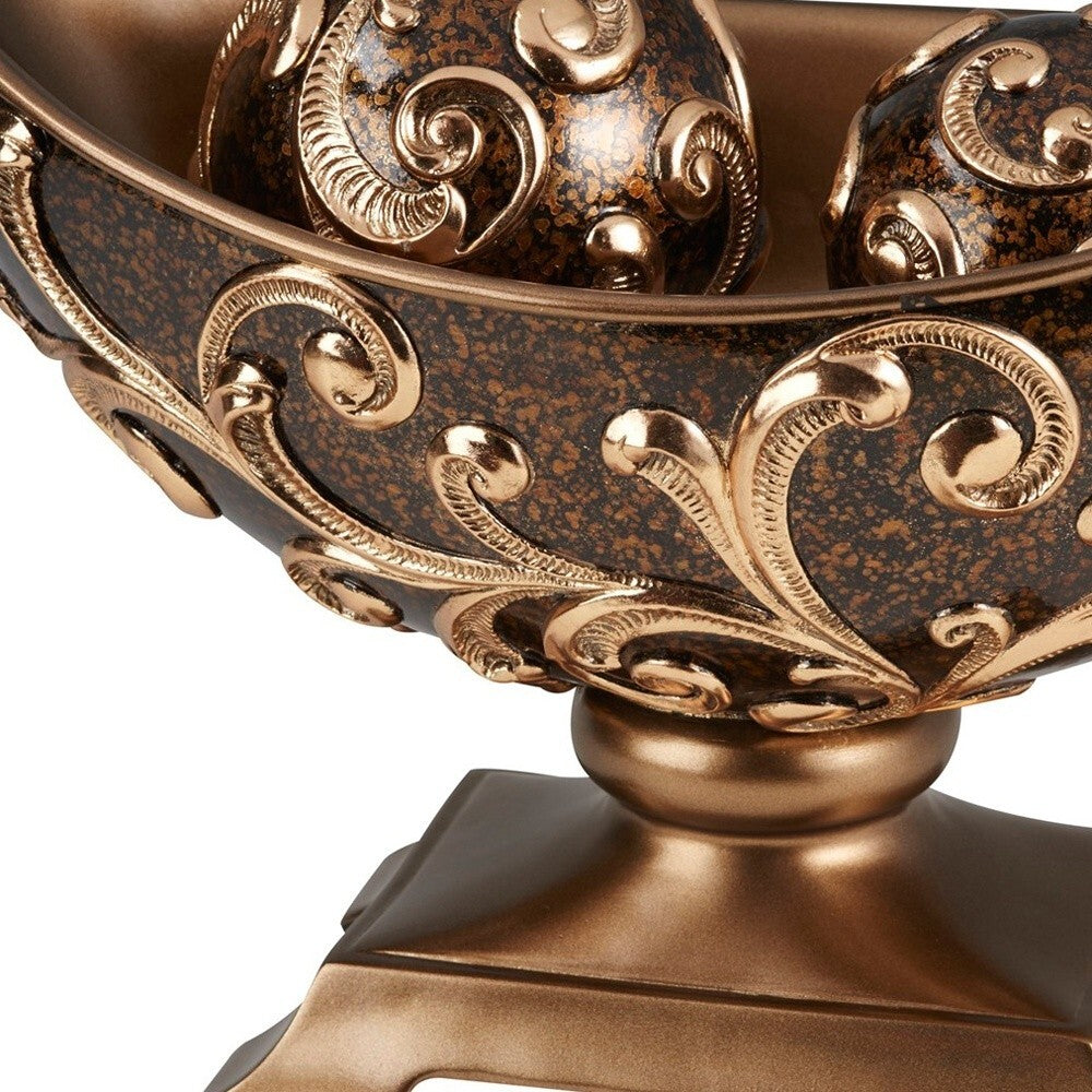 11" Brown And Gold Polyresin Decorative Bowl With Orbs