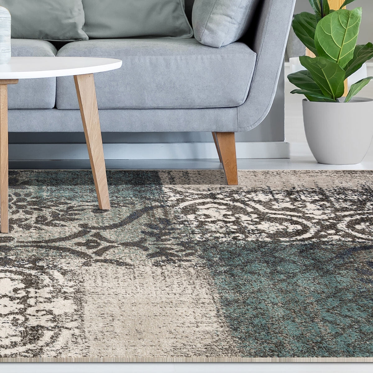 7' X 9' Teal And Gray Damask Distressed Stain Resistant Area Rug