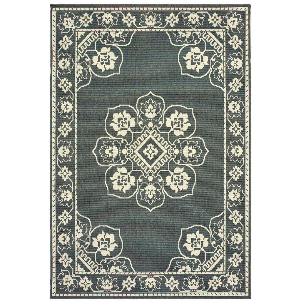 4' X 6' Gray and Ivory Oriental Stain Resistant Indoor Outdoor Area Rug