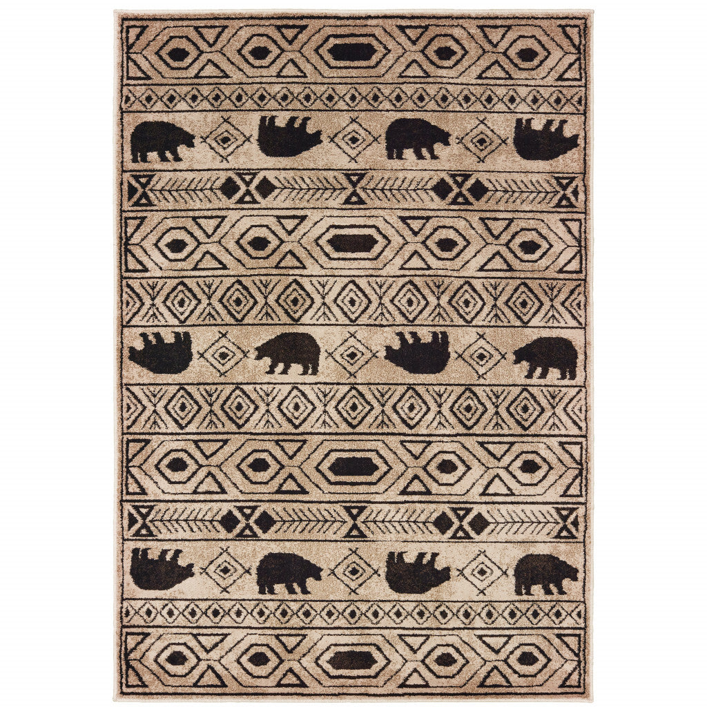 8' X 10' Ivory And Black Southwestern Power Loom Stain Resistant Area Rug