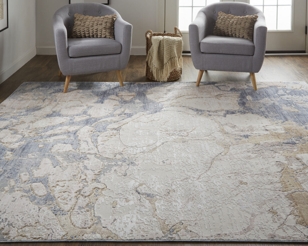 2' X 3' Tan And Blue Abstract Power Loom Distressed Area Rug