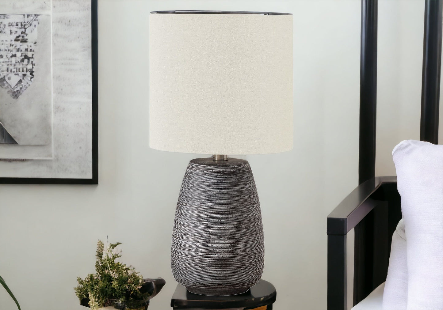 19" Gray Ceramic Round Table Lamp With Ivory Drum Shade