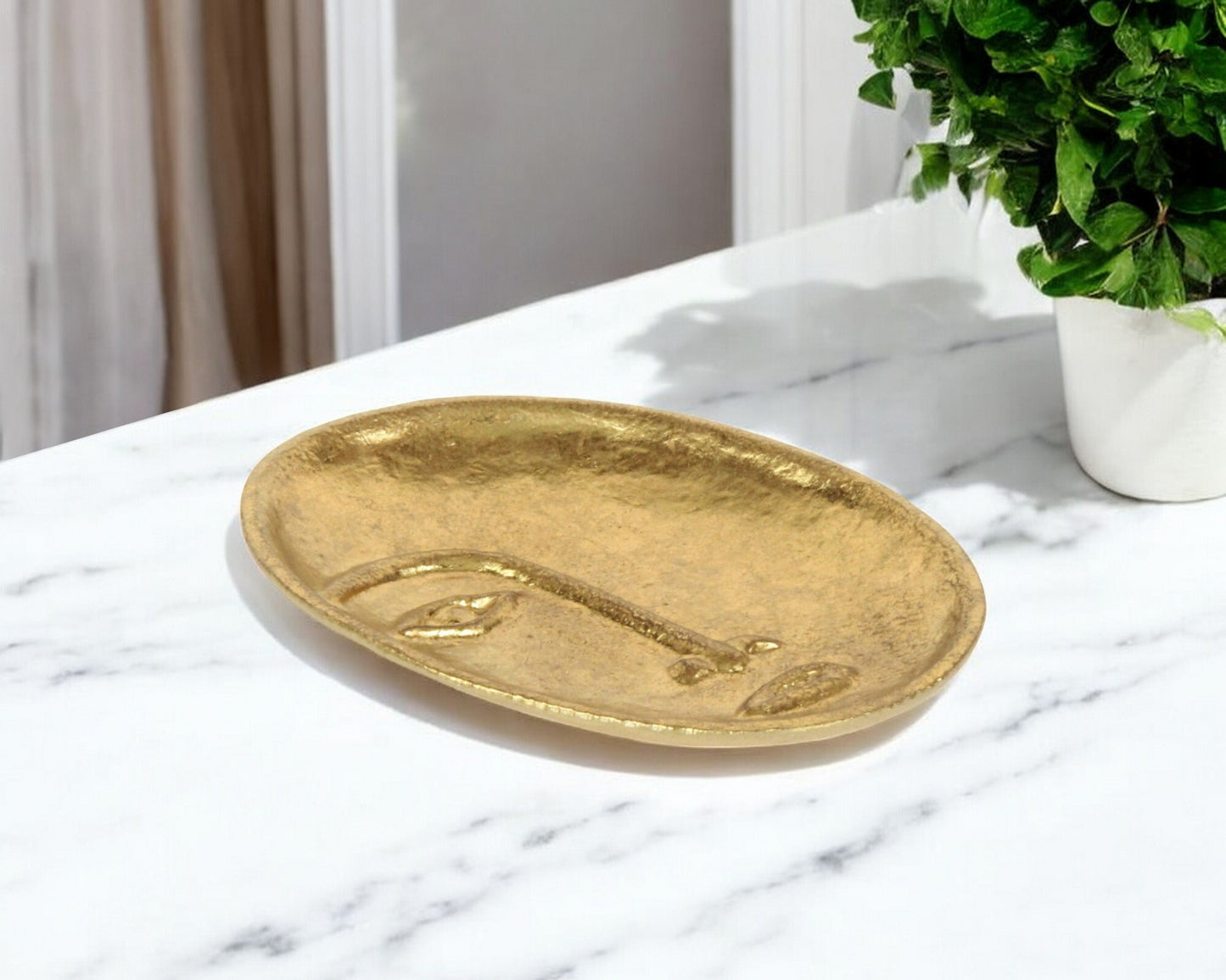 8" Gold Cast Iron Mod Abstract Face Oval Trinket Tray