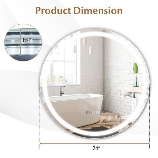 24 Inch Anti-Fog Bathroom Wall Mirror with 3-Color LED Lights and Temperature Display