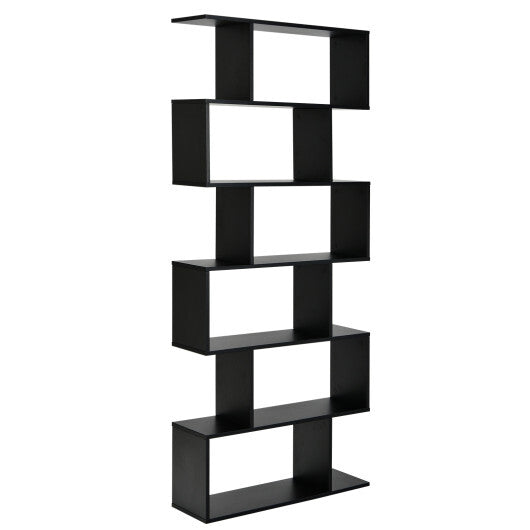 6 Tier S-Shaped Bookshelf Storage Display Bookcase Decor Z-Shelf -Black - Color: Black