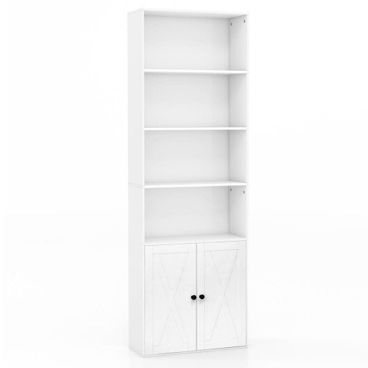 71 Inch Freestanding Bookshelf with 6 Shelves and 2-Door Cabinet-White - Color: White