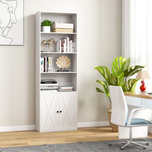 71 Inch Freestanding Bookshelf with 6 Shelves and 2-Door Cabinet-White - Color: White