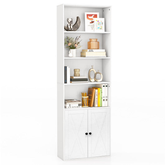 71 Inch Freestanding Bookshelf with 6 Shelves and 2-Door Cabinet-White - Color: White