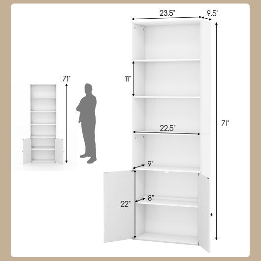 71 Inch Freestanding Bookshelf with 6 Shelves and 2-Door Cabinet-White - Color: White