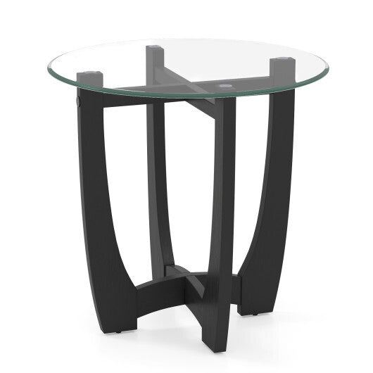 23.5 Inch Round End Side Table with Tempered Glass Tabletop-Black