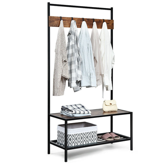 3-in-1 Industrial Coat Rack with 2-tier Storage Bench and 5 Hooks-Brown - Color: Brown