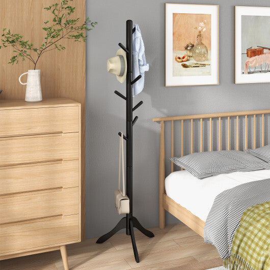 Adjustable Wooden Tree Coat Rack with 8 Hooks-Black - Color: Black