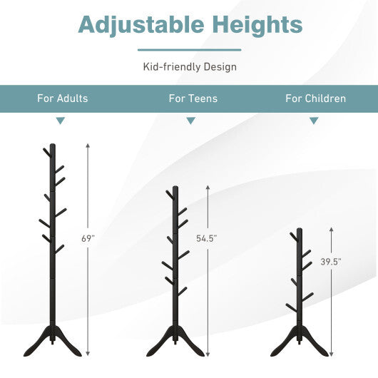 Adjustable Wooden Tree Coat Rack with 8 Hooks-Black - Color: Black