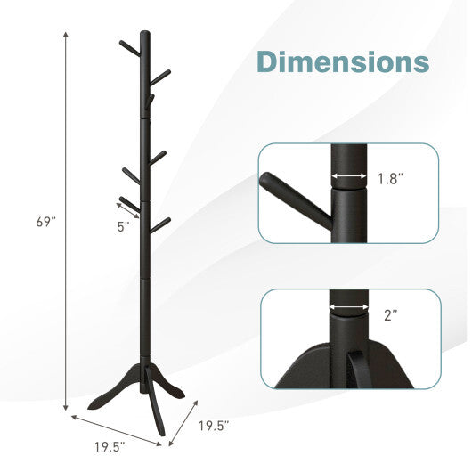 Adjustable Wooden Tree Coat Rack with 8 Hooks-Black - Color: Black