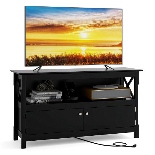 TV Stand Entertainment Center with Charging Station for TVs up to 50 Inch-Black - Color: Black