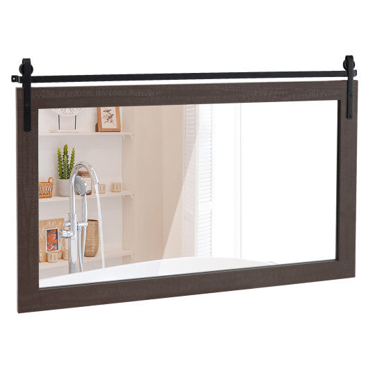 Rectangle Barn Door Style Wall Mounted Mirror with Solid Wood Frame-Walnut - Color: Walnut