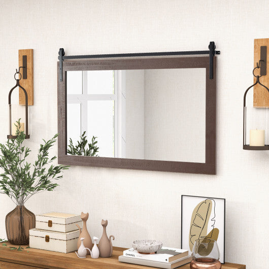 Rectangle Barn Door Style Wall Mounted Mirror with Solid Wood Frame-Walnut - Color: Walnut