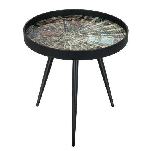 Modern Round End Table with Wooden Tray Top for Living Room Bedroom-Black - Color: Black