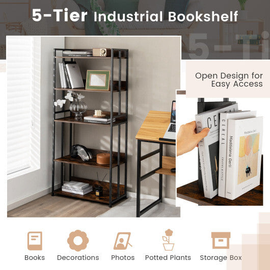 3/5-Tier Industrial Bookshelf Storage Shelf Display Rack with Adjustable Shelves-5Tier - Size: 5-Tier