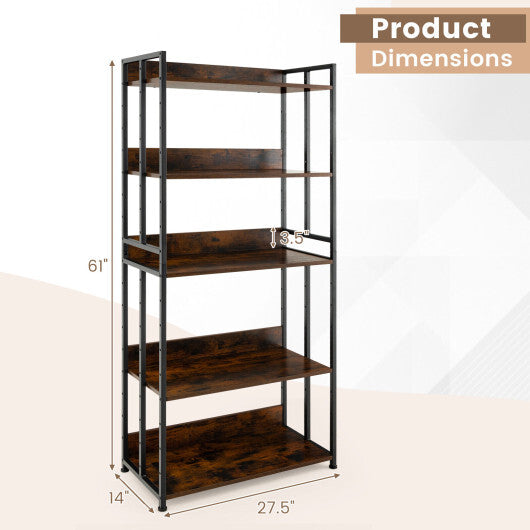 3/5-Tier Industrial Bookshelf Storage Shelf Display Rack with Adjustable Shelves-5Tier - Size: 5-Tier