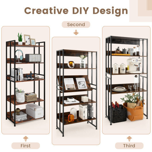 3/5-Tier Industrial Bookshelf Storage Shelf Display Rack with Adjustable Shelves-5Tier - Size: 5-Tier