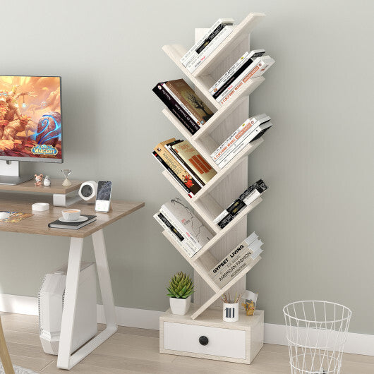 10-Tier Tree Bookshelf with Drawer and Anti-Tipping Kit-Brown