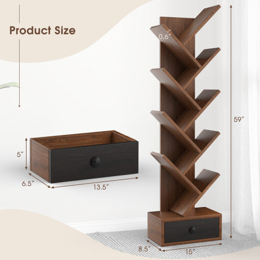 10-Tier Tree Bookshelf with Drawer and Anti-Tipping Kit-Brown