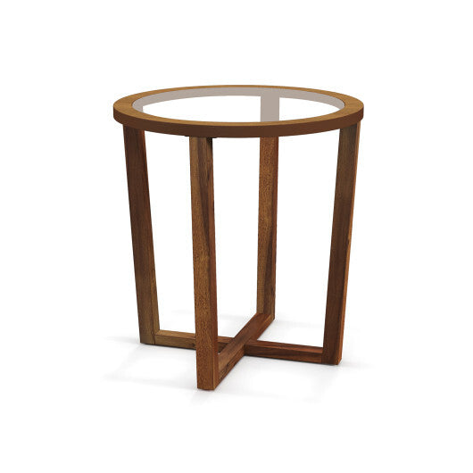 Modern Round End Table Sofa Side Table with Transparent Tempered Glass Top-Brown