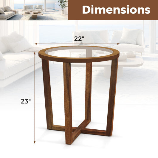 Modern Round End Table Sofa Side Table with Transparent Tempered Glass Top-Brown