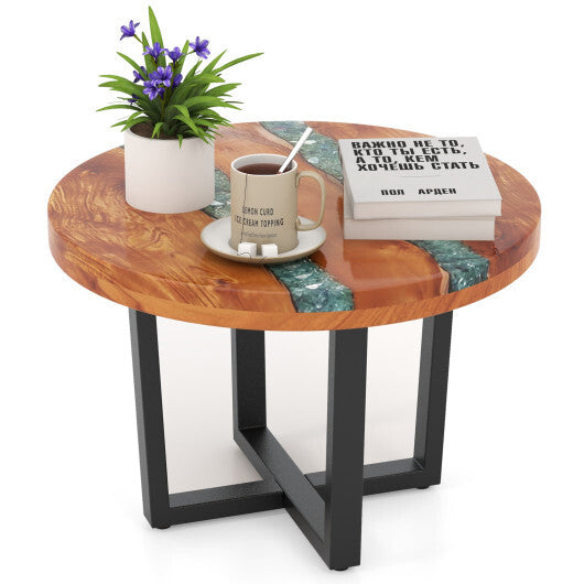 24 Inch Outdoor Solid Live Edge Round Teak Wood End Table with Epoxy Resin Tabletop