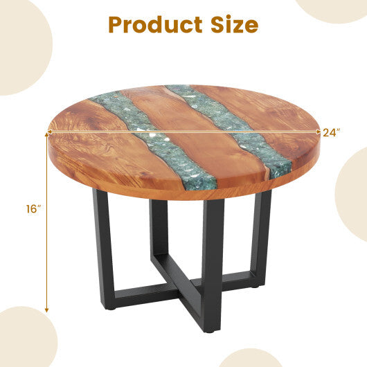 24 Inch Outdoor Solid Live Edge Round Teak Wood End Table with Epoxy Resin Tabletop