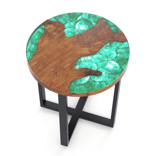 Solid Live Edge Round Teak Wood Outdoor End Table with Epoxy Resin Tabletop