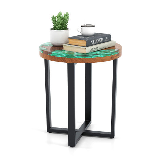 Solid Live Edge Round Teak Wood Outdoor End Table with Epoxy Resin Tabletop