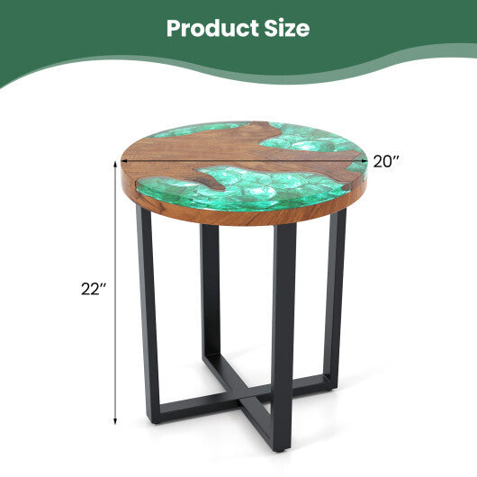 Solid Live Edge Round Teak Wood Outdoor End Table with Epoxy Resin Tabletop