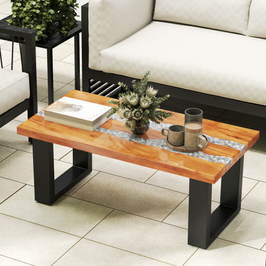 Teak Wood Patio Table with River Feel Epoxy Tabletop - Color: Natural