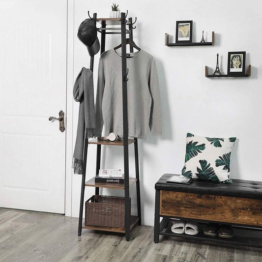 Modern Industrial Metal Frame Wood Shelf Coat Rack with 3-Shelves