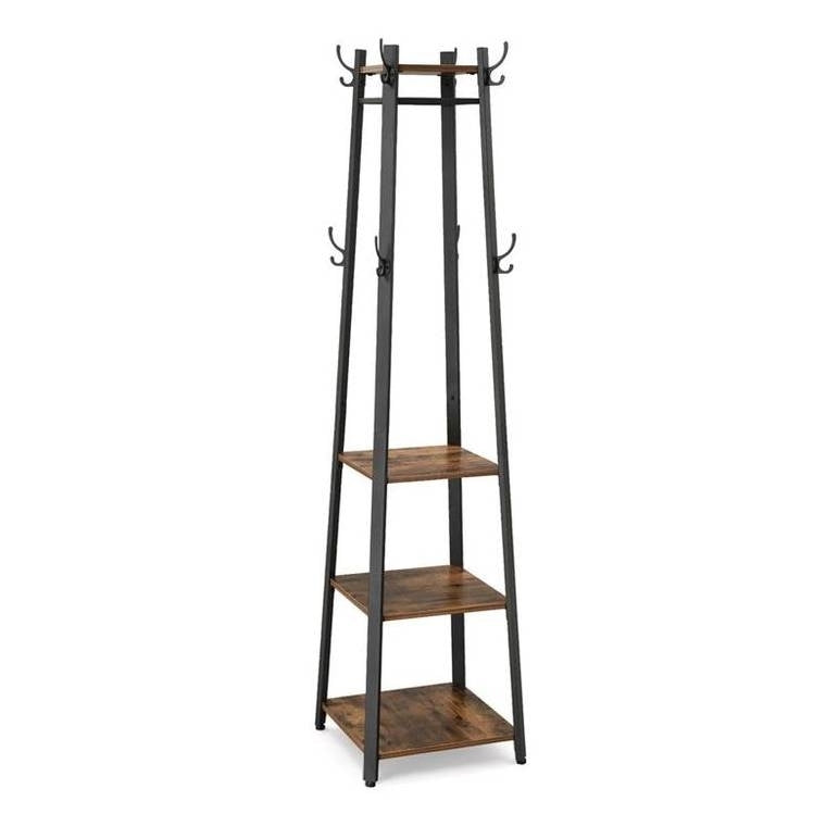 Modern Industrial Metal Frame Wood Shelf Coat Rack with 3-Shelves